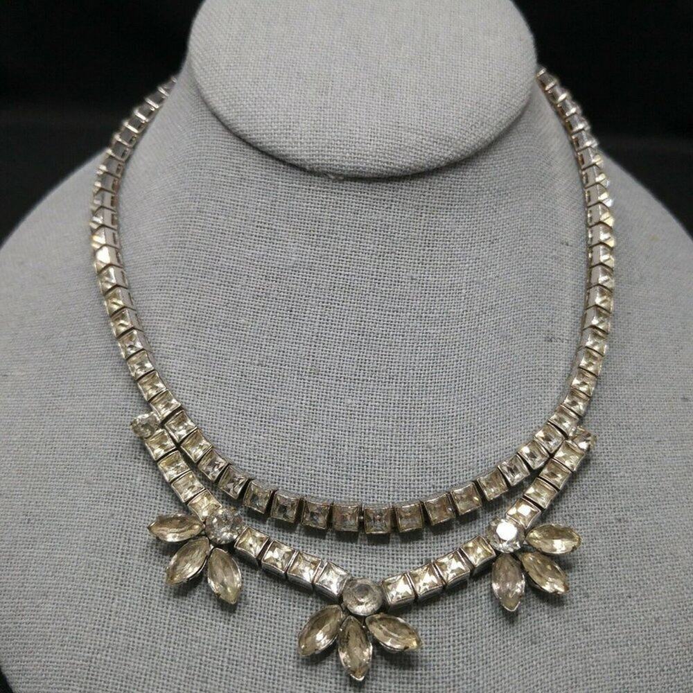 Unsigned Dorson Vintage Clear Rhinestone Choker Necklace 1940s Rhodium Plate 15"